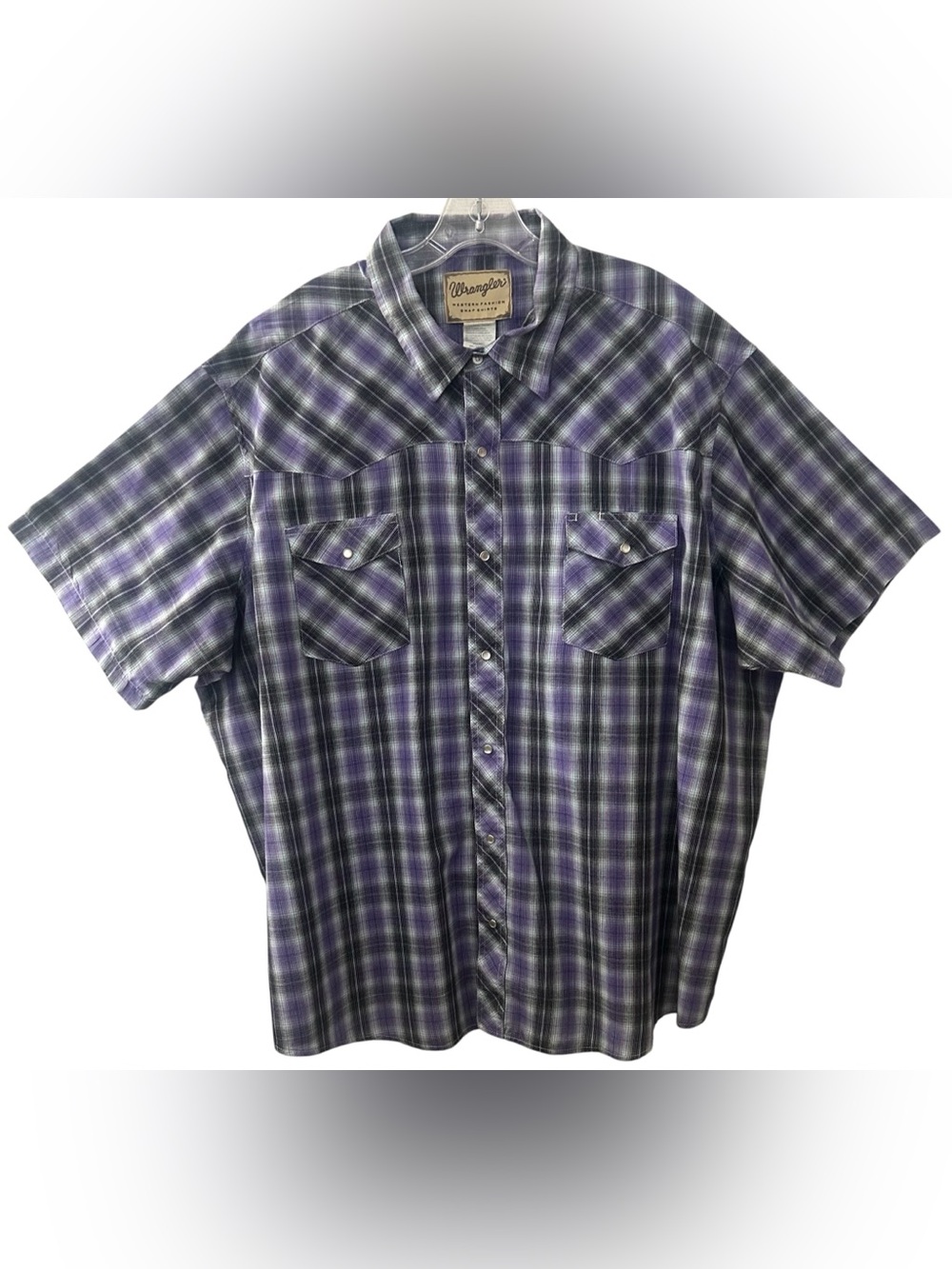 WRANGLER Men's 3XL Western Shirt Purple Plaid Short Sleeve Pearl Snap Buttons